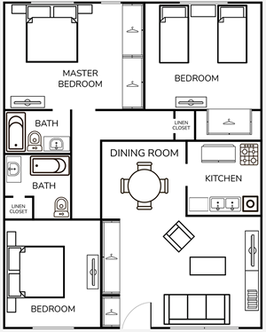 C1 One Bedroom / Two Bath - 1284 Sq. Ft.*